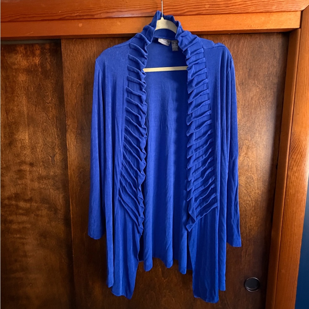 Travelers by Chico Chic Blue Ruffled open Cardigan